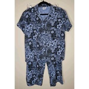 Hot Cotton By Marc Ware Sz M Cotton Shirt And Wide Leg Capris Set Blue Floral